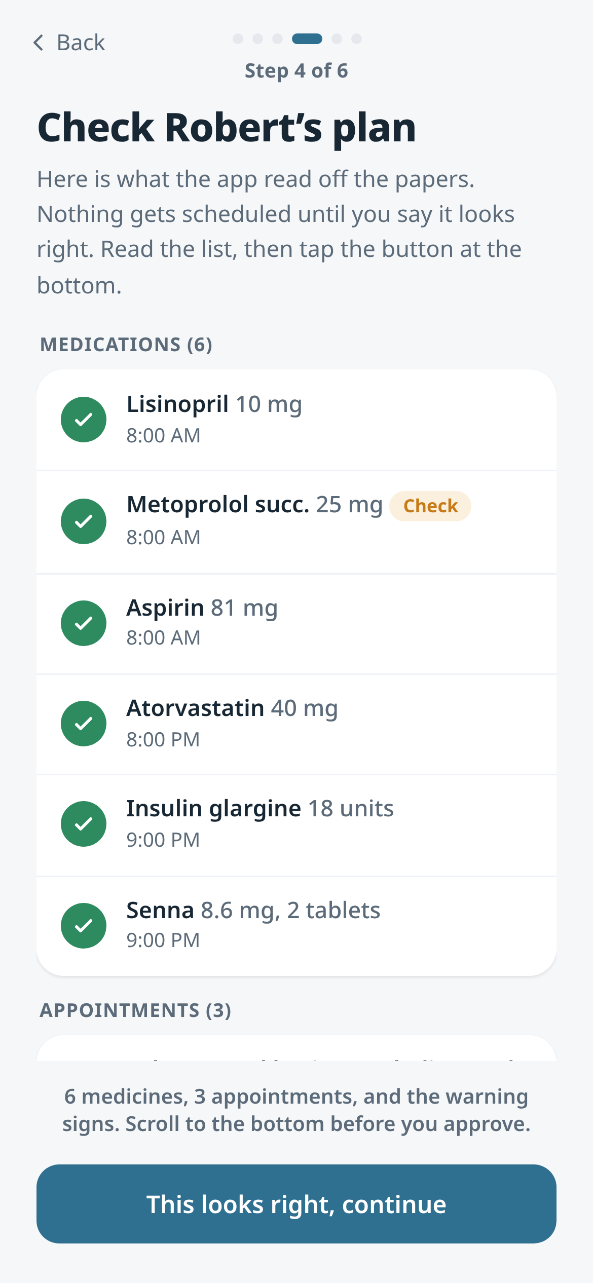 MyDischargePlan screen confirming six medications and three appointments pulled from the discharge summary