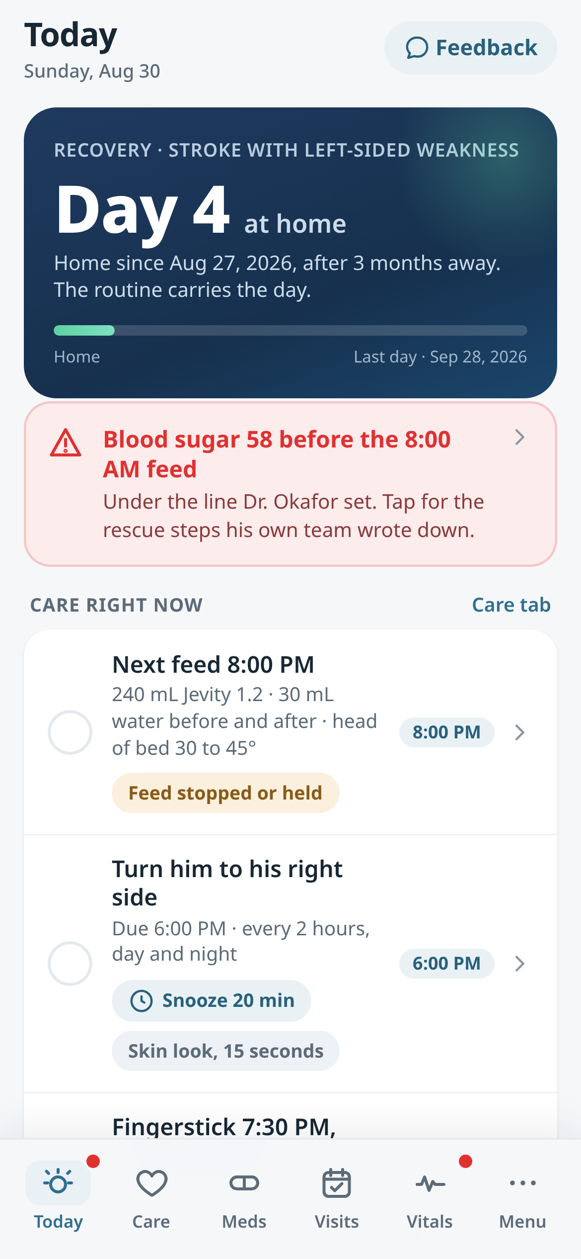MyDischargePlan Today screen showing day 4 at home after a stroke, a low blood sugar alert, and the next tube feed