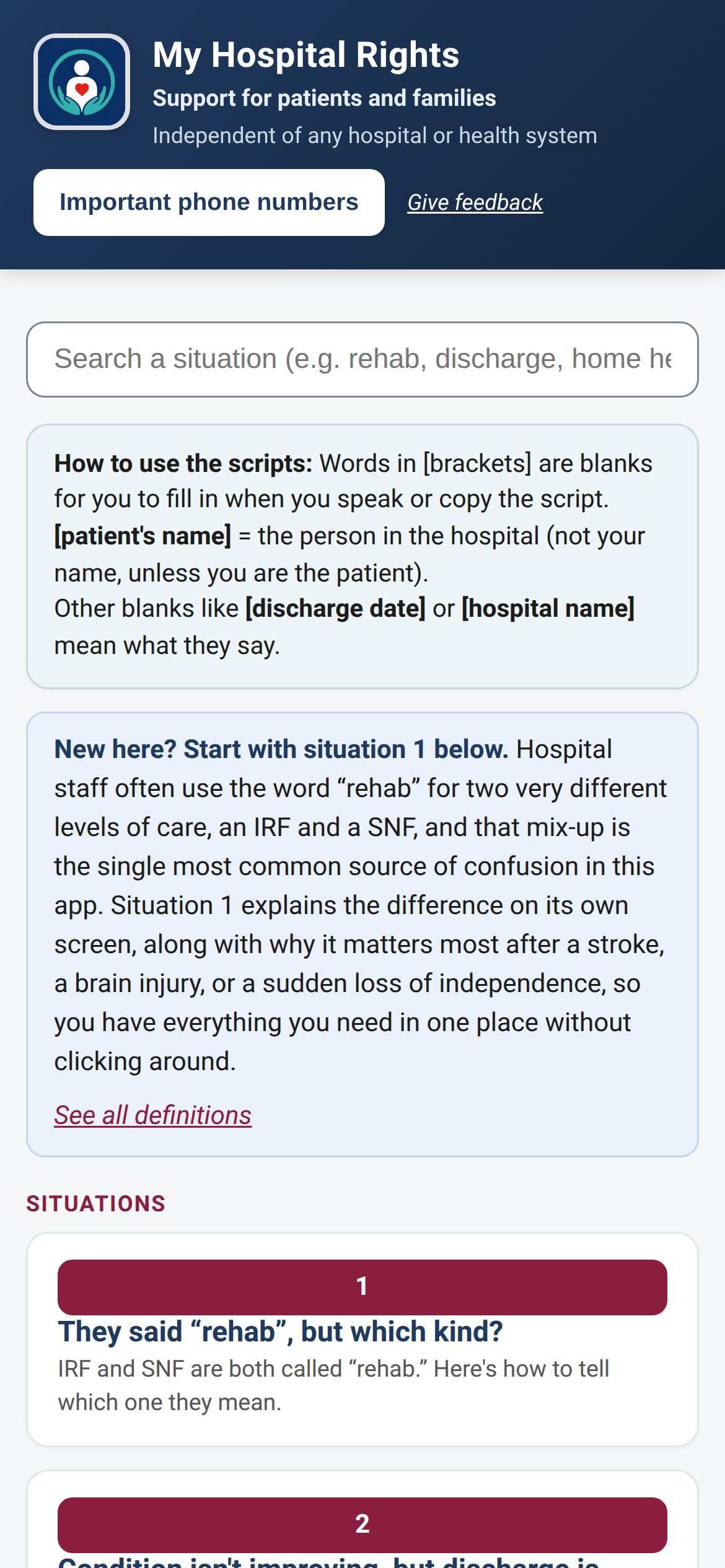 MyHospitalRights home screen listing hospital situations