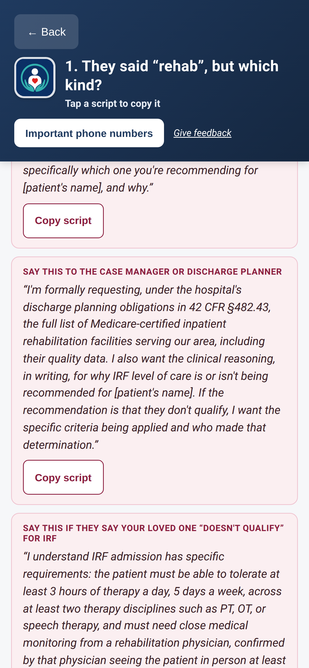 MyHospitalRights screen showing copy-ready scripts to say to the case manager or discharge planner